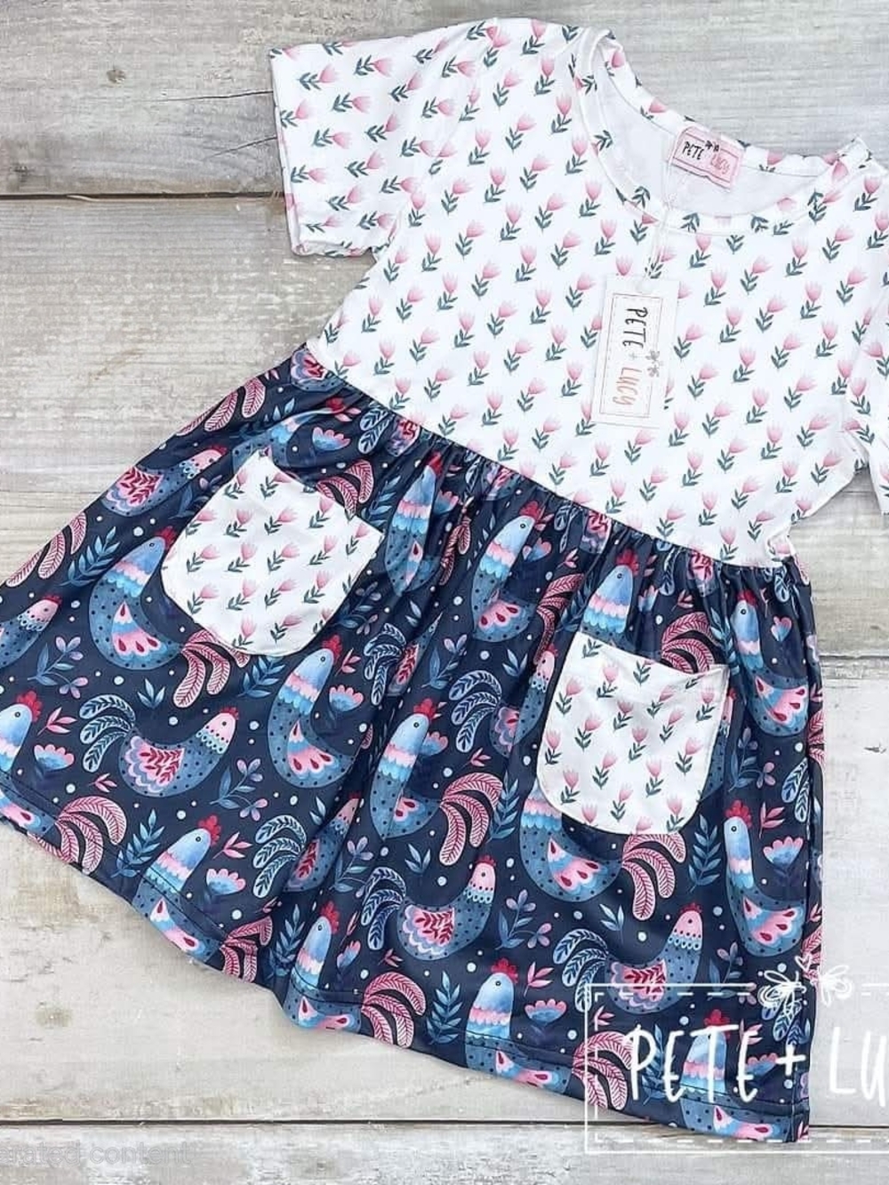 Girls Navy and White Floral Bird Pocket Dress